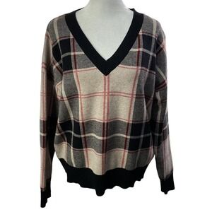 TAHARI Women Pullover V Neck Checker Sweater Sz L Black Neutral Luxury 6a-12